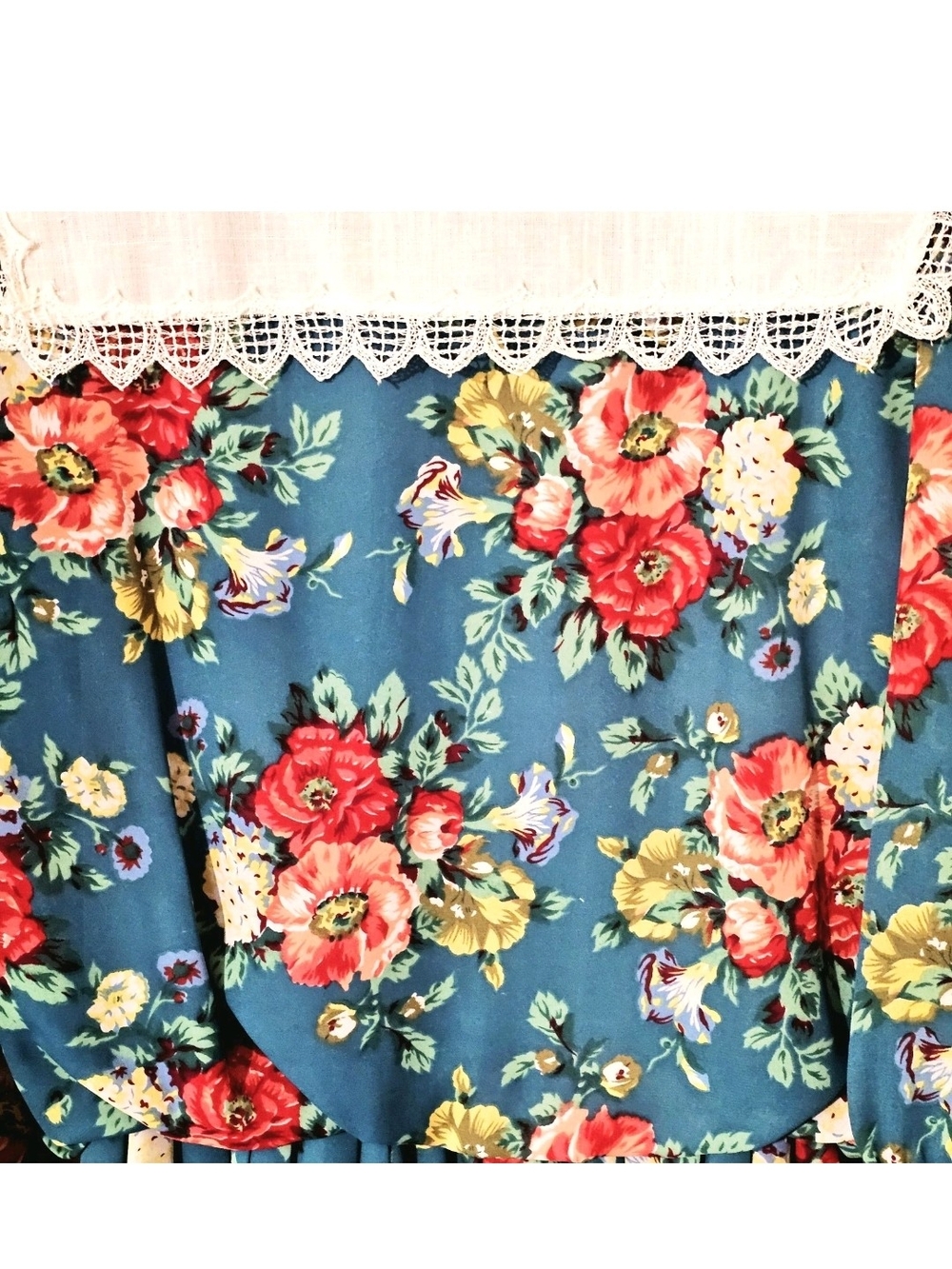 Lisa ll Vintage Women’s Teal Floral Midi Dress with Lace Trim - Picture 7 of 14